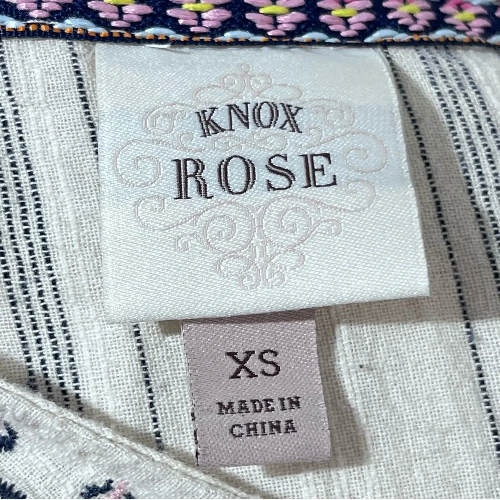 Knox Rose Boho Embroidered Peasant Mini Dress Women XS Beige Navy Tassel